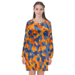 Blue And Orange Camouflage Pattern Long Sleeve Chiffon Shift Dress  by SpinnyChairDesigns