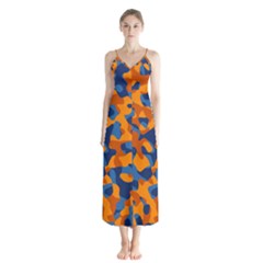 Blue And Orange Camouflage Pattern Button Up Chiffon Maxi Dress by SpinnyChairDesigns