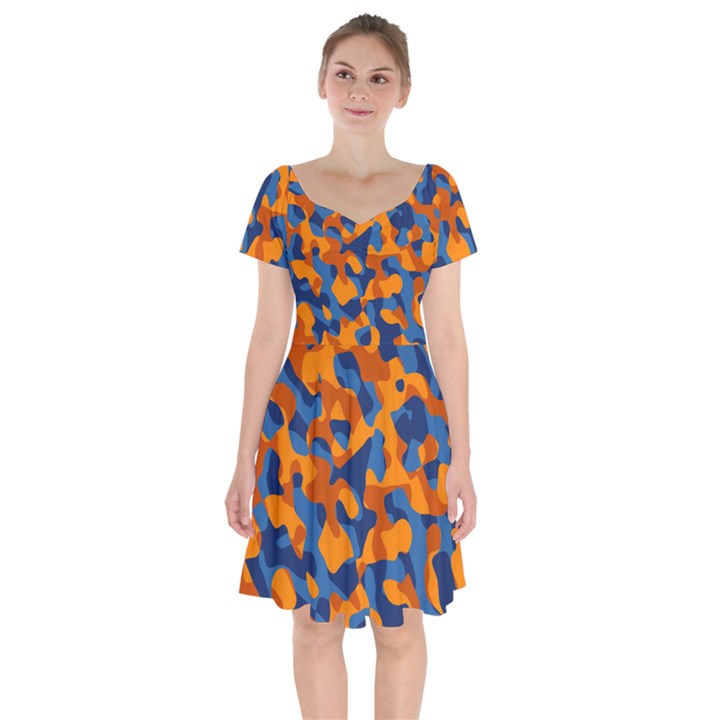 Blue and Orange Camouflage Pattern Short Sleeve Bardot Dress