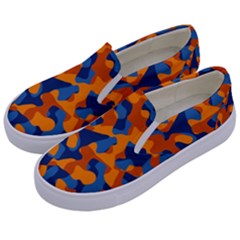 Blue And Orange Camouflage Pattern Kids  Canvas Slip Ons by SpinnyChairDesigns