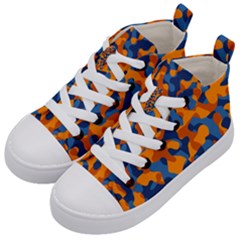 Blue And Orange Camouflage Pattern Kids  Mid-top Canvas Sneakers by SpinnyChairDesigns