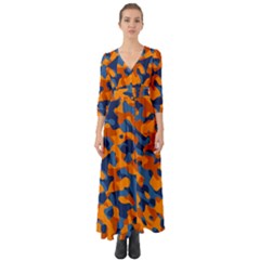 Blue And Orange Camouflage Pattern Button Up Boho Maxi Dress by SpinnyChairDesigns