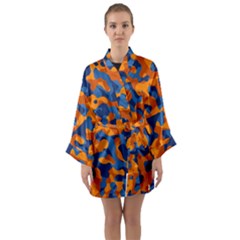 Blue And Orange Camouflage Pattern Long Sleeve Satin Kimono by SpinnyChairDesigns