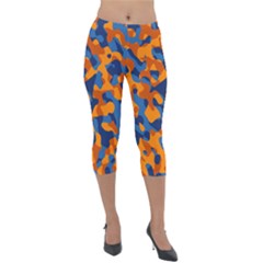 Blue And Orange Camouflage Pattern Lightweight Velour Capri Leggings  by SpinnyChairDesigns