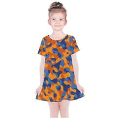 Blue And Orange Camouflage Pattern Kids  Simple Cotton Dress by SpinnyChairDesigns