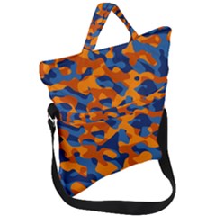 Blue And Orange Camouflage Pattern Fold Over Handle Tote Bag by SpinnyChairDesigns