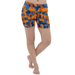 Blue And Orange Camouflage Pattern Lightweight Velour Yoga Shorts by SpinnyChairDesigns