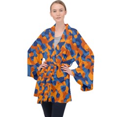 Blue And Orange Camouflage Pattern Long Sleeve Velvet Kimono  by SpinnyChairDesigns