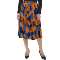 Blue And Orange Camouflage Pattern Classic Velour Midi Skirt  by SpinnyChairDesigns