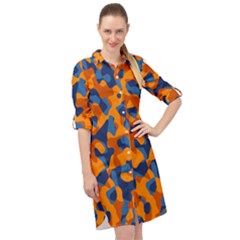 Blue And Orange Camouflage Pattern Long Sleeve Mini Shirt Dress by SpinnyChairDesigns