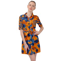 Blue And Orange Camouflage Pattern Belted Shirt Dress by SpinnyChairDesigns