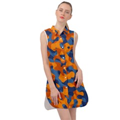 Blue And Orange Camouflage Pattern Sleeveless Shirt Dress by SpinnyChairDesigns