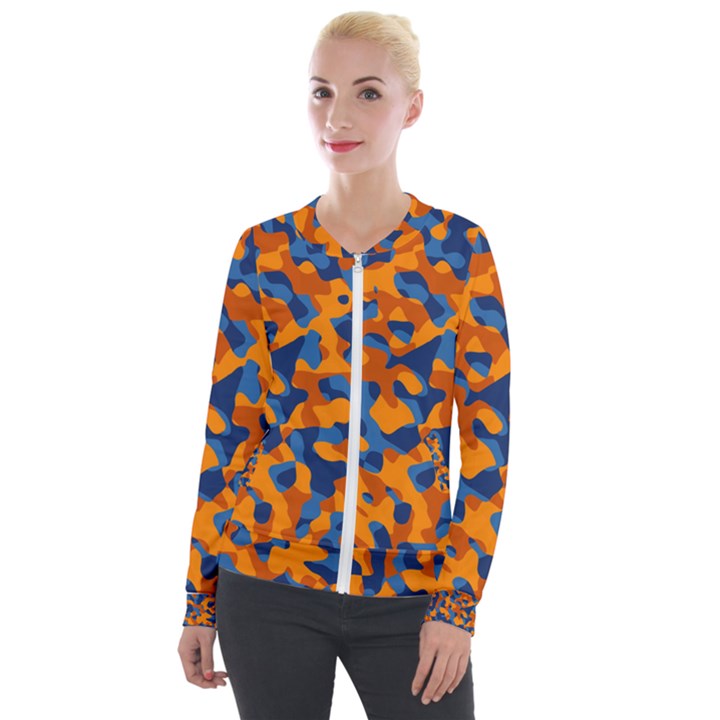 Blue and Orange Camouflage Pattern Velour Zip Up Jacket