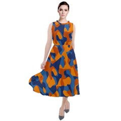 Blue And Orange Camouflage Pattern Round Neck Boho Dress by SpinnyChairDesigns