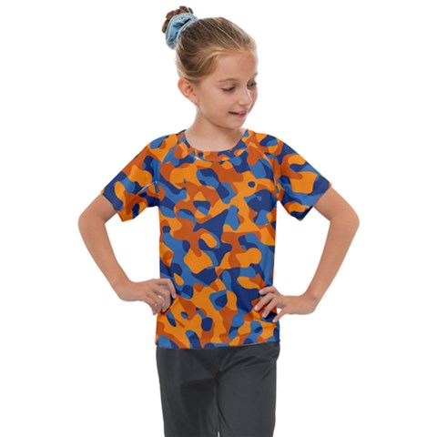 Blue And Orange Camouflage Pattern Kids  Mesh Piece Tee by SpinnyChairDesigns