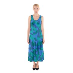 Blue Turquoise Teal Camouflage Pattern Sleeveless Maxi Dress by SpinnyChairDesigns