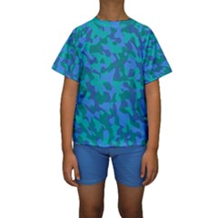 Blue Turquoise Teal Camouflage Pattern Kids  Short Sleeve Swimwear by SpinnyChairDesigns