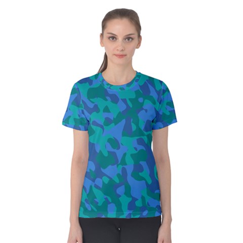 Blue Turquoise Teal Camouflage Pattern Women s Cotton Tee by SpinnyChairDesigns