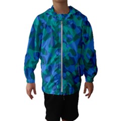 Blue Turquoise Teal Camouflage Pattern Kids  Hooded Windbreaker by SpinnyChairDesigns