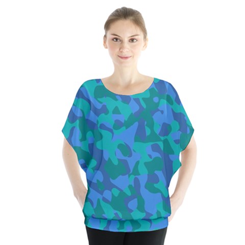 Blue Turquoise Teal Camouflage Pattern Batwing Chiffon Blouse by SpinnyChairDesigns