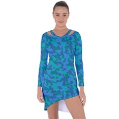 Blue Turquoise Teal Camouflage Pattern Asymmetric Cut-out Shift Dress by SpinnyChairDesigns