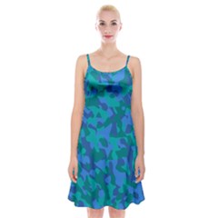 Blue Turquoise Teal Camouflage Pattern Spaghetti Strap Velvet Dress by SpinnyChairDesigns