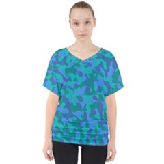 Blue Turquoise Teal Camouflage Pattern V-neck Dolman Drape Top by SpinnyChairDesigns