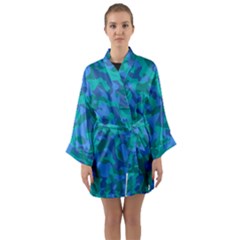 Blue Turquoise Teal Camouflage Pattern Long Sleeve Satin Kimono by SpinnyChairDesigns