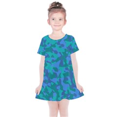 Blue Turquoise Teal Camouflage Pattern Kids  Simple Cotton Dress by SpinnyChairDesigns