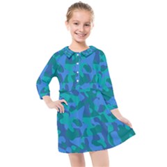 Blue Turquoise Teal Camouflage Pattern Kids  Quarter Sleeve Shirt Dress