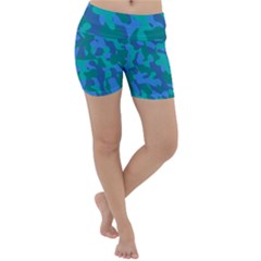 Blue Turquoise Teal Camouflage Pattern Lightweight Velour Yoga Shorts by SpinnyChairDesigns