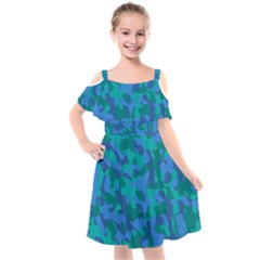 Blue Turquoise Teal Camouflage Pattern Kids  Cut Out Shoulders Chiffon Dress by SpinnyChairDesigns