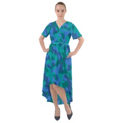 Blue Turquoise Teal Camouflage Pattern Front Wrap High Low Dress by SpinnyChairDesigns