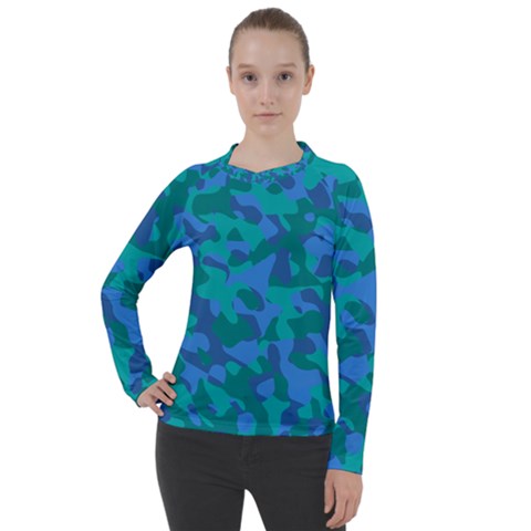 Blue Turquoise Teal Camouflage Pattern Women s Pique Long Sleeve Tee by SpinnyChairDesigns