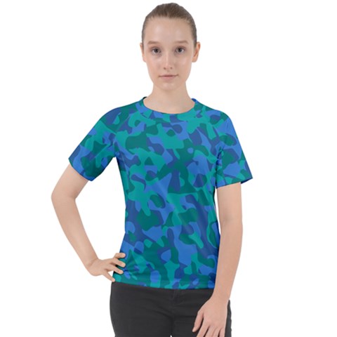 Blue Turquoise Teal Camouflage Pattern Women s Sport Raglan Tee by SpinnyChairDesigns