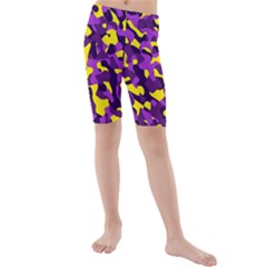 Purple And Yellow Camouflage Pattern Kids  Mid Length Swim Shorts by SpinnyChairDesigns