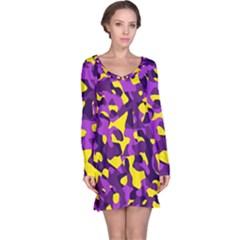 Purple And Yellow Camouflage Pattern Long Sleeve Nightdress by SpinnyChairDesigns