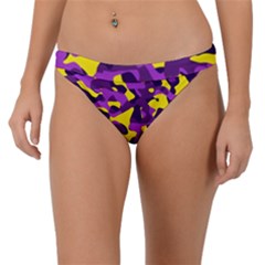 Purple And Yellow Camouflage Pattern Band Bikini Bottom by SpinnyChairDesigns