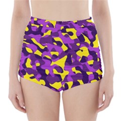 Purple And Yellow Camouflage Pattern High-waisted Bikini Bottoms