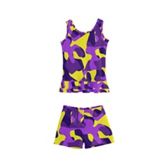 Purple And Yellow Camouflage Pattern Kids  Boyleg Swimsuit by SpinnyChairDesigns