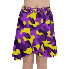 Purple And Yellow Camouflage Pattern Chiffon Wrap Front Skirt by SpinnyChairDesigns