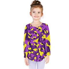 Purple And Yellow Camouflage Pattern Kids  Long Sleeve Tee