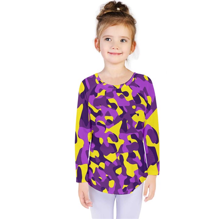 Purple and Yellow Camouflage Pattern Kids  Long Sleeve Tee