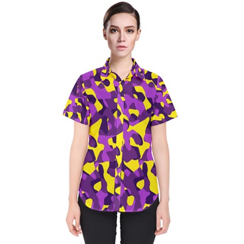 Purple And Yellow Camouflage Pattern Women s Short Sleeve Shirt by SpinnyChairDesigns