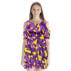 Purple And Yellow Camouflage Pattern Shoulder Cutout Velvet One Piece