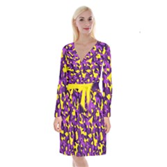 Purple And Yellow Camouflage Pattern Long Sleeve Velvet Front Wrap Dress by SpinnyChairDesigns