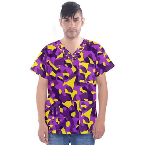 Purple And Yellow Camouflage Pattern Men s V-neck Scrub Top by SpinnyChairDesigns