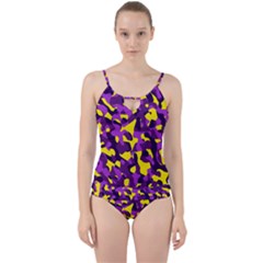 Purple And Yellow Camouflage Pattern Cut Out Top Tankini Set by SpinnyChairDesigns