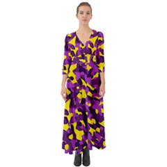 Purple And Yellow Camouflage Pattern Button Up Boho Maxi Dress by SpinnyChairDesigns