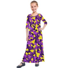 Purple And Yellow Camouflage Pattern Kids  Quarter Sleeve Maxi Dress